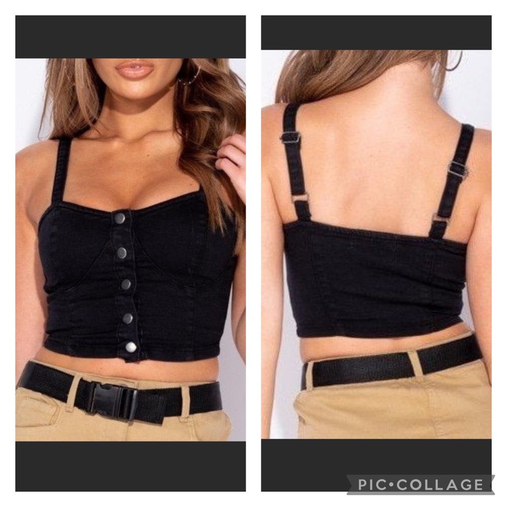 Black Denim Button Up Crop Top